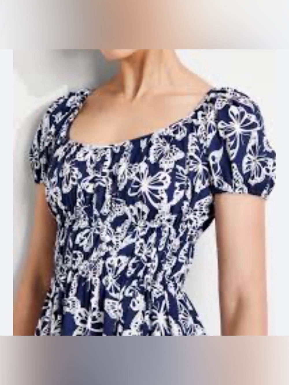 kate spade navy and white butterfly-print midi dress puff sleeve smocked waist S